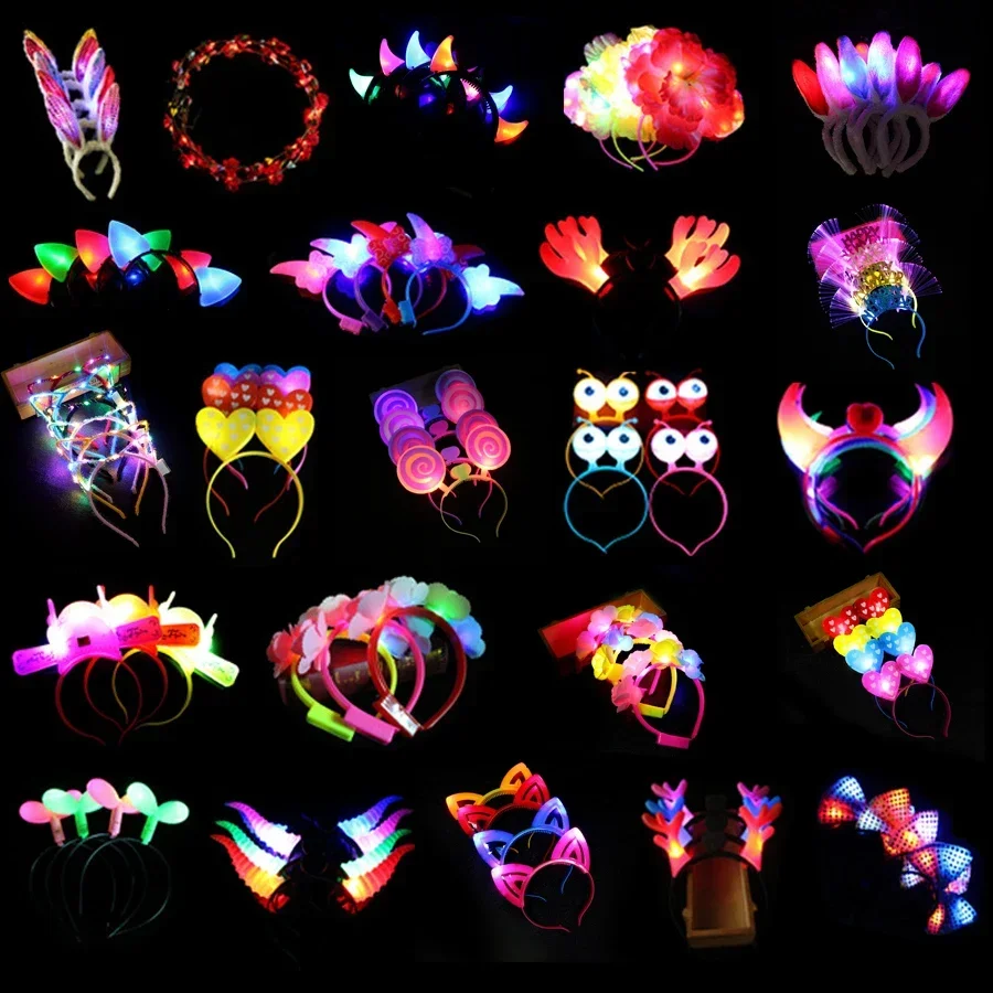 10pcs Adult Kids LED Glow Party Sequin Cat Bunny Crown Flower Headband Halo Light Up Wreath Hairband Birthday Gift Wedding