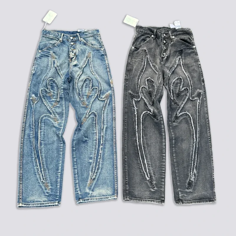 Black Blue THUG CLUB Embroidery Flame Tassel Jeans Mężczyźni Kobiety Hip Hop Splic Moon Star Metal Leather Label Loose Straight Pants