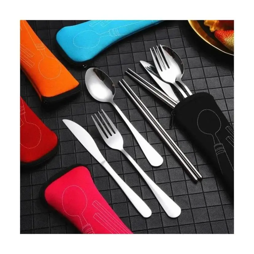 7/3 Pcs Stainless Steel Outdoor Camping Tableware Set Of Pieces Western Food Steak Knife Fork Spoon Creative Cloth Bag Portable