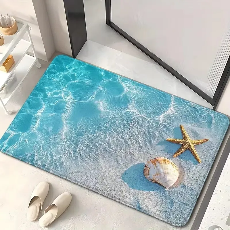 Beach Starfish Shell Pattern Floor Mat, Bathroom Floor Mat, Anti Slip Mat, Shower Basin Foot Mat, Bathroom Door Mat, Home Decora