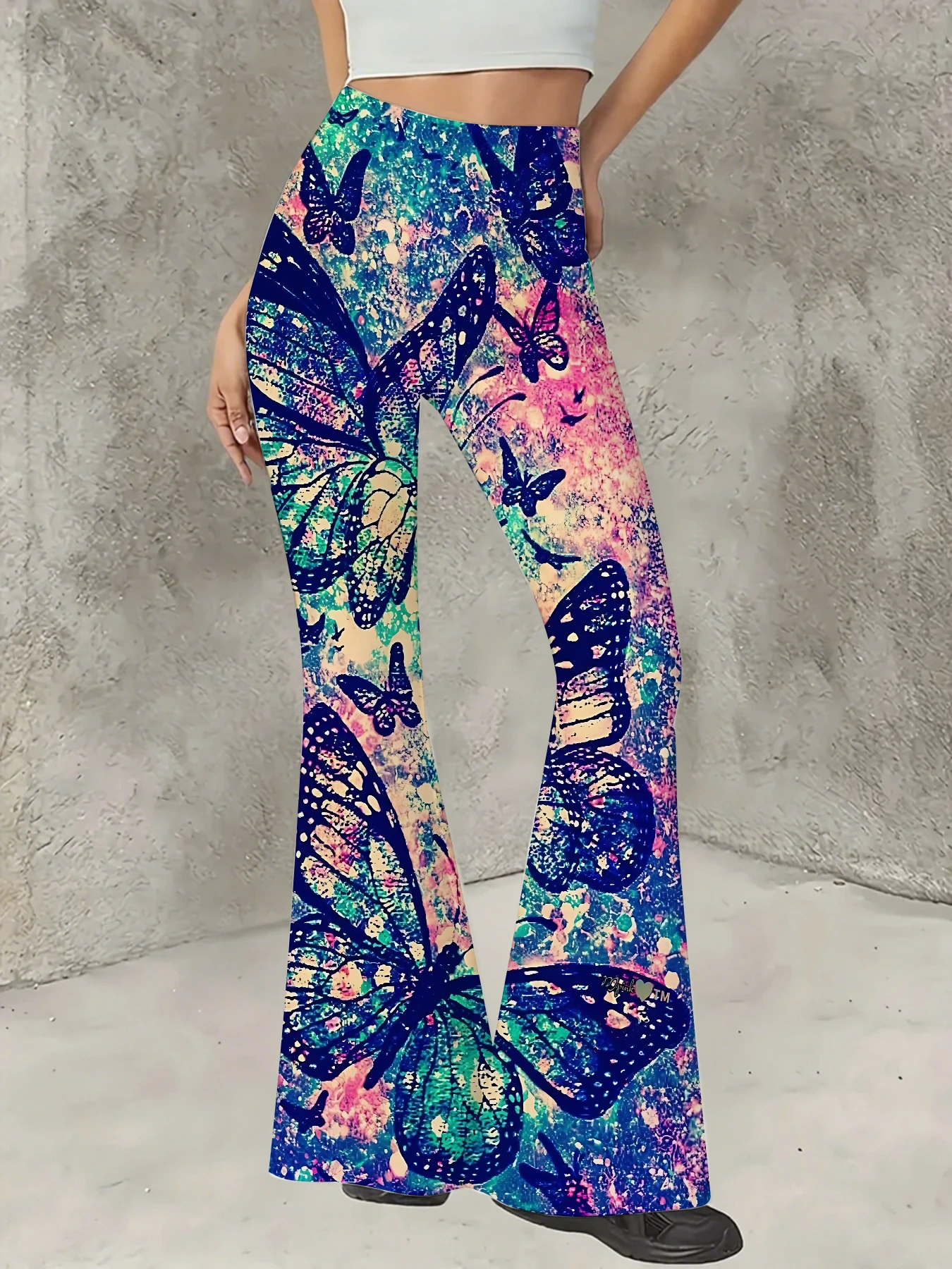 

Y2K Graphic Print Flare Pants Women High Waist Knit Bell Bottom Trousers