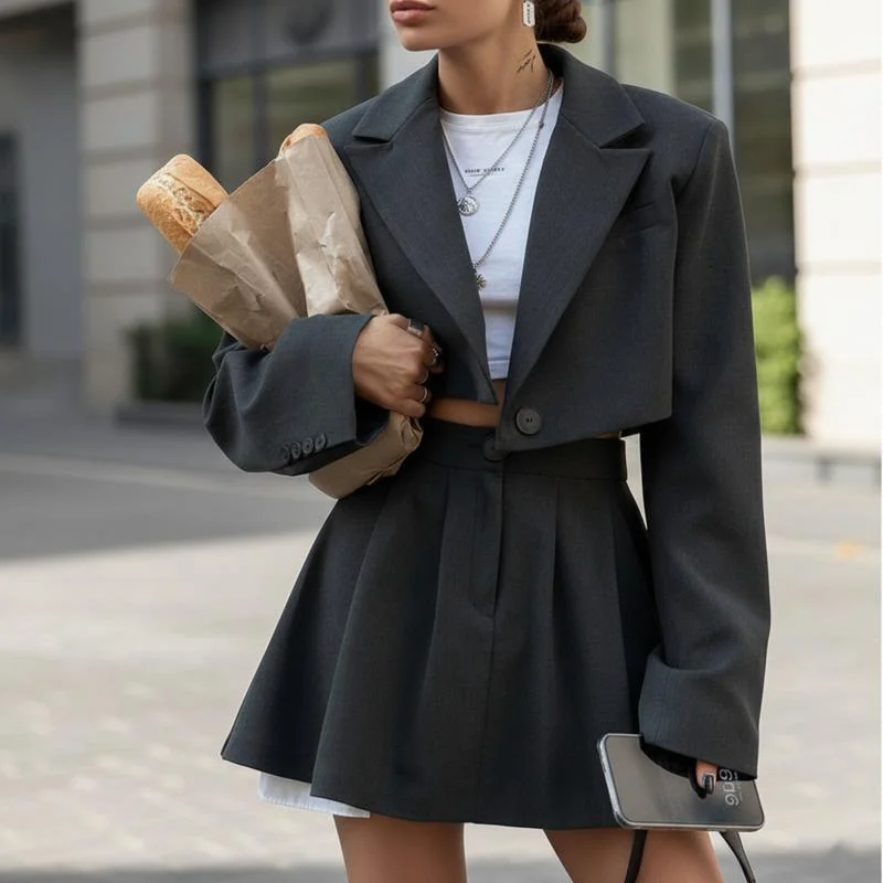 

Women's Cropped Blazer And Mini Skirt Set Y2K Style Shoulder Pad Jacket With Button Front And Mini Skirt For Chic Street Fashion