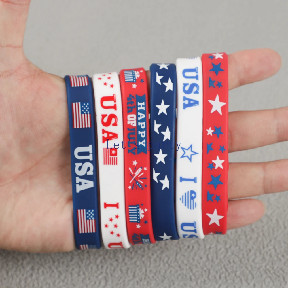 6Pcs Independence Day Theme Bracelet I Love USA Silicone Wristbands for Birthday 4th of July American National Day Party Favors