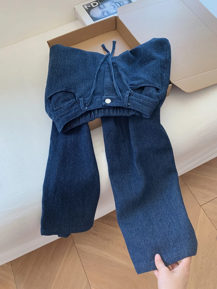 

Women's Washed High Waist Jeans Autumn Drawstring Wideleg All Match Pants Casual Commuting Straightleg Trousers