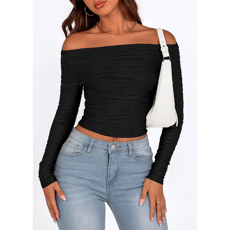 

Chic Sexy Textured Off Shoulder Long Sleeve T Shirt Summer Slim Fit Ruched Crop Top Elegant Short Top Streetwear for Women 2025