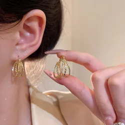 Charm C-Shape Round Gold Color Crystal Hoop Earrings Women's Personality Stylish Luxurious Accessory Party Jewelry Girls Gift