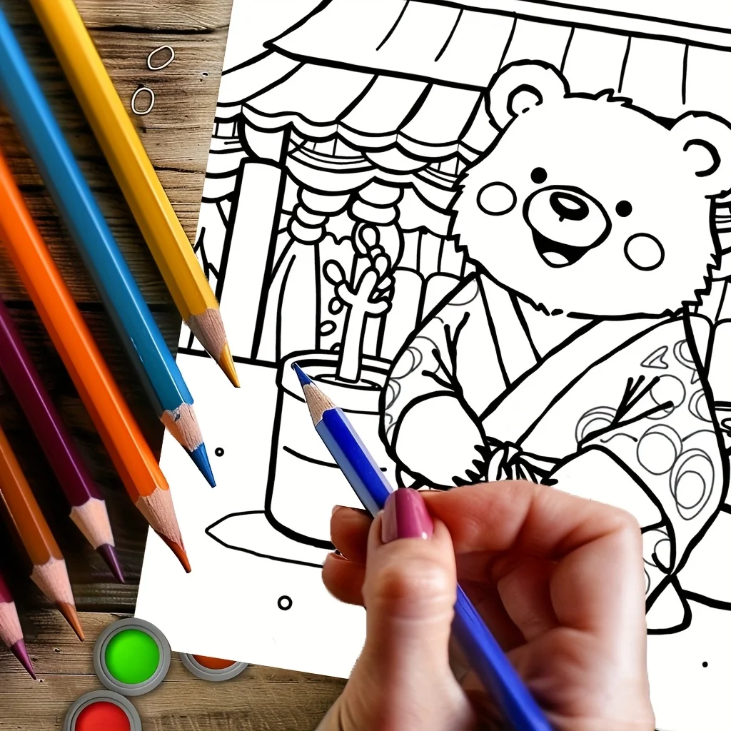 28 Pages Cute Bear in Japan Coloring Book for Adult Stress Reduction | Colouring Book for Stress Relief and Mood Reduction