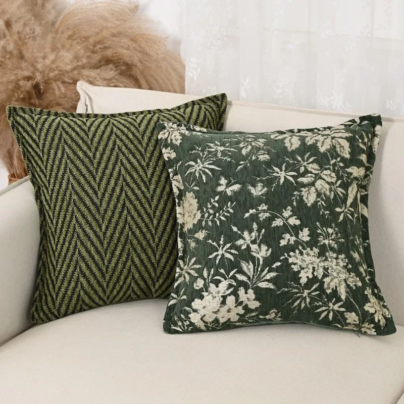 Green Chenille Jacquard Pillowcase Vintage Countryside Style Cushion Cover Sofa Pillow Cover Home Decor Car Bolster Case No Core
