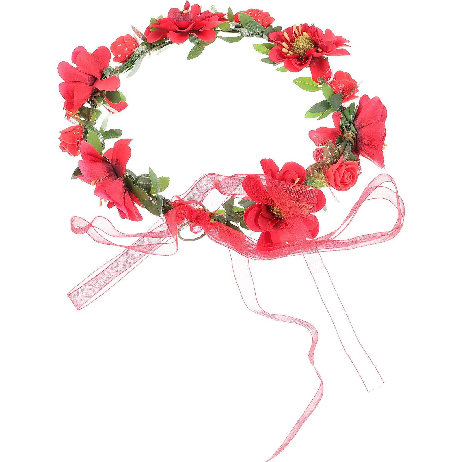 

Red Floral Headband Bohemian Adjustable Flower Crown For Wedding Party Beach Photography Bridal Wreath Girl Flower