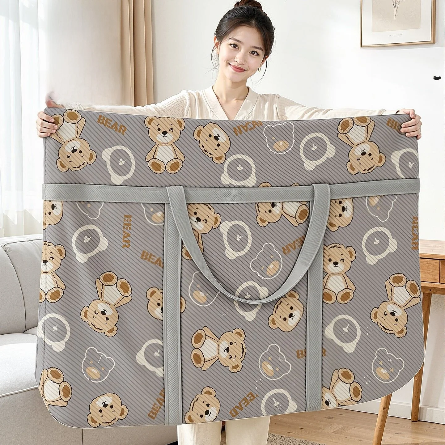 Foldable Luggage Organizer Bag with Cartoon Bear Pattern, Large Capacity Space-Saving Travel Storage Bag, Durable Polyester Bag image 2