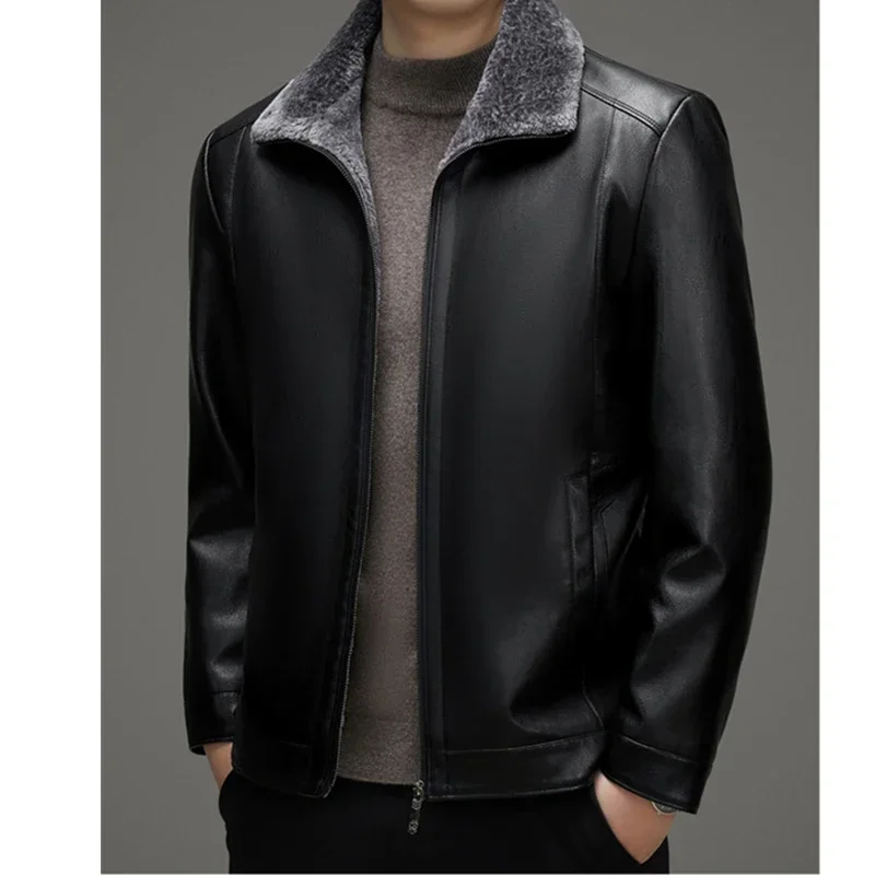 

Men's Middle-aged and Elderly Thickened Winter Dad's Fur Collar Warm Leather Jacket