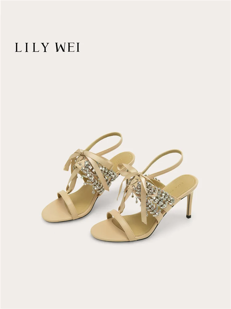 Spring/Summer New Square Head Pearl Water Diamond Rear Air Strap Silk Sandals Banquet Dress Large Size Small Size Women's Shoes