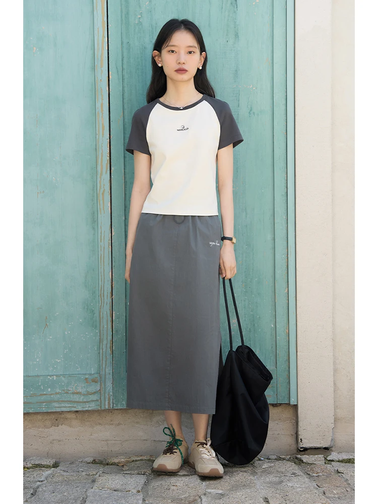 ZIQIAO Petite Side Slit Simple Commuting Cotton Midi Skirt for Women 2024 Summer New High Waist Slimming Blue Grey Skirts