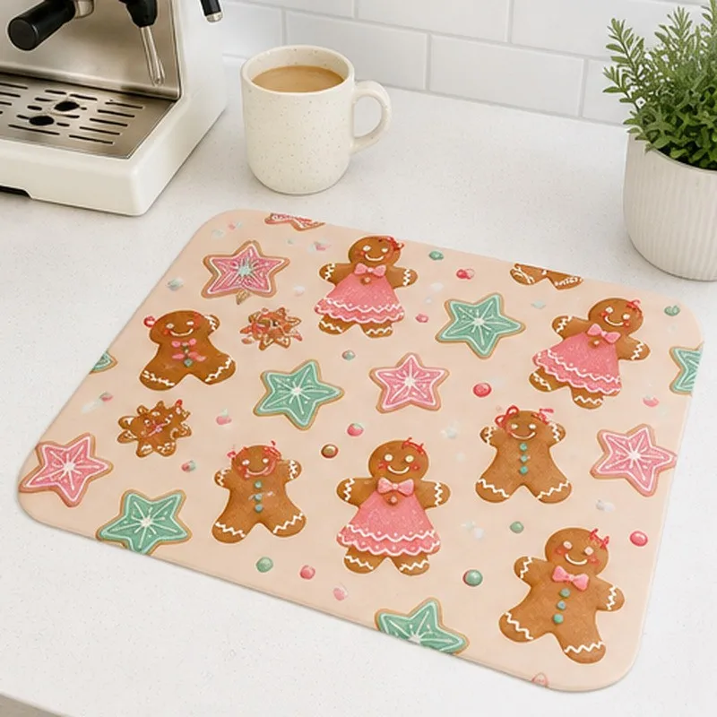 VIKAMA Diatomite Drying Mat, Super Absorbent Fast Drying Non-Slip Easy Clean Kitchen Counter Pink Gingerbread Cookies