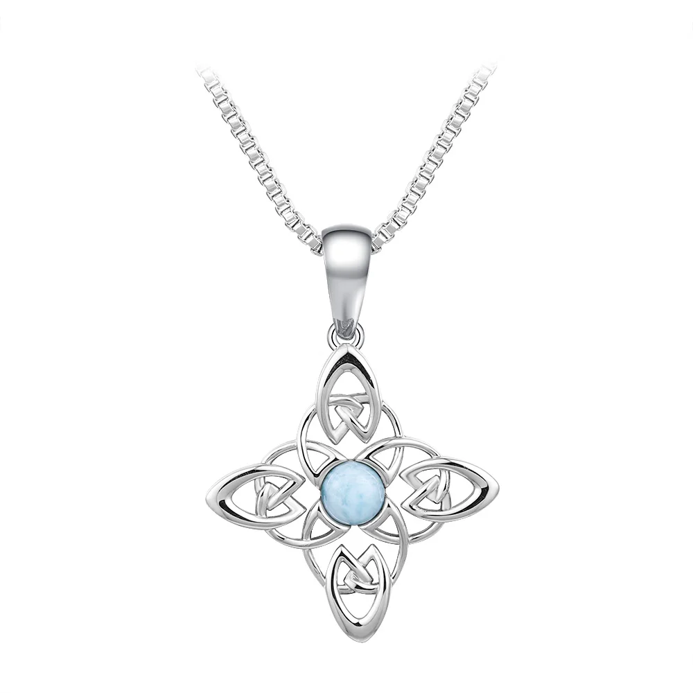 

Trendy Rhodium-Plated Copper Celtic Knot Pendant with Elegant Larimar Stone - Fashion Jewelry for Women