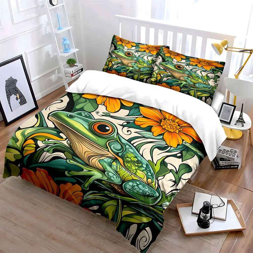 Painted Green Frog with Orange Blossoms Printed Duvet Cover Set1 Duvet Cover+2 PillowcaseMulti Size Bedroom Bedding Decoration