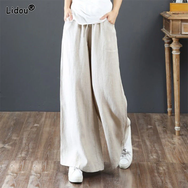 

2023 New Spring and Summer Leisure Simple Art Fashion High Waist Lace Up Pocket Loose Oversized Versatile Wide Leg Pants