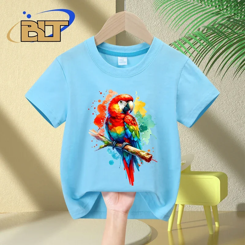 Camiseta infantil de manga curta, tops de algodão para meninos e meninas, estampa de papagaio vibrante aquarela, roupas casuais infantis, verão