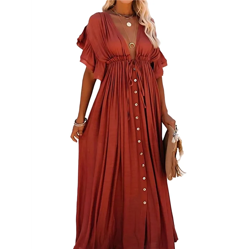 CYL-Women's Casual Summer Beach Dress Ruffle Maxi Dress Button Down Boho Dress Long Tunic