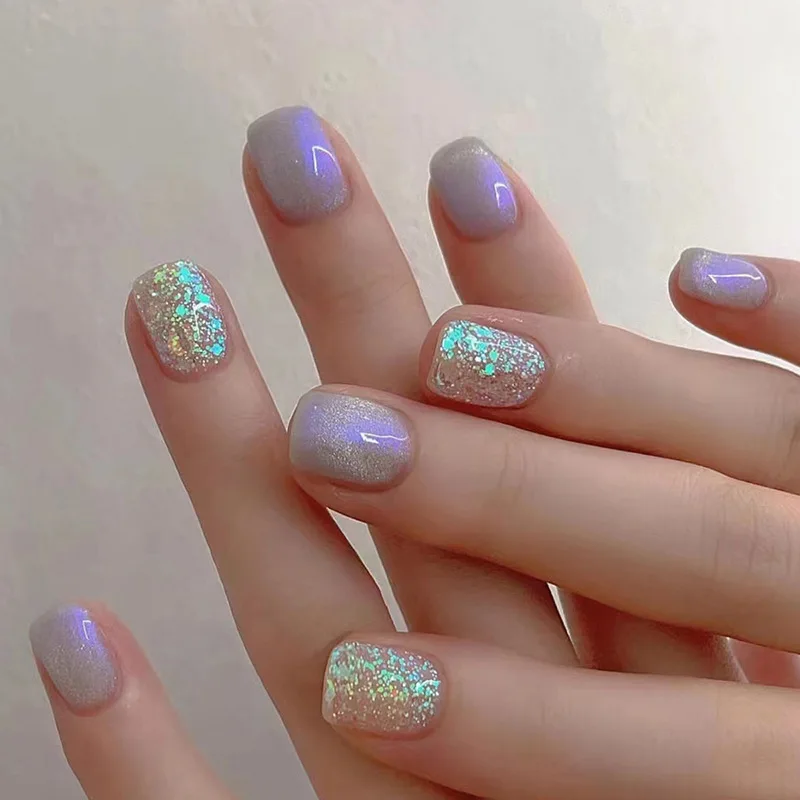 24Pcs Glitter Fake Nails Krótkie Okrągłe Fałszywe Paznokcie z Błyszczącym Puderem Prosty Pełny Pokrycie Tipsy Do Noszenia Naciśnij na Paznokcie