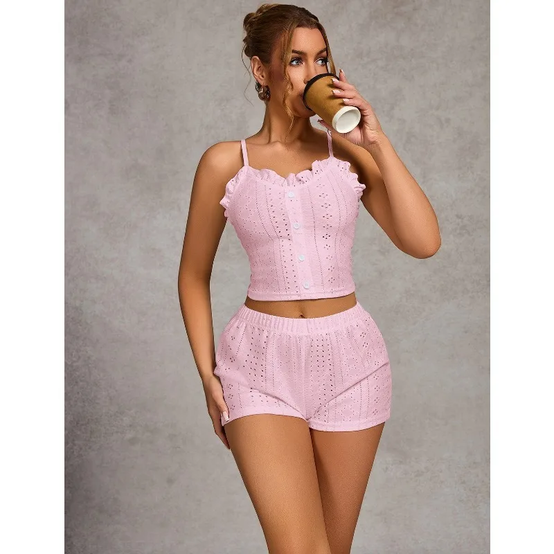 

2 Piece Set Pajama Suit Women Suspenders Buttons Ruffles Short Sleeve Top Shorts Fashion Sexy Loungewear Large Ladies Sleepwear