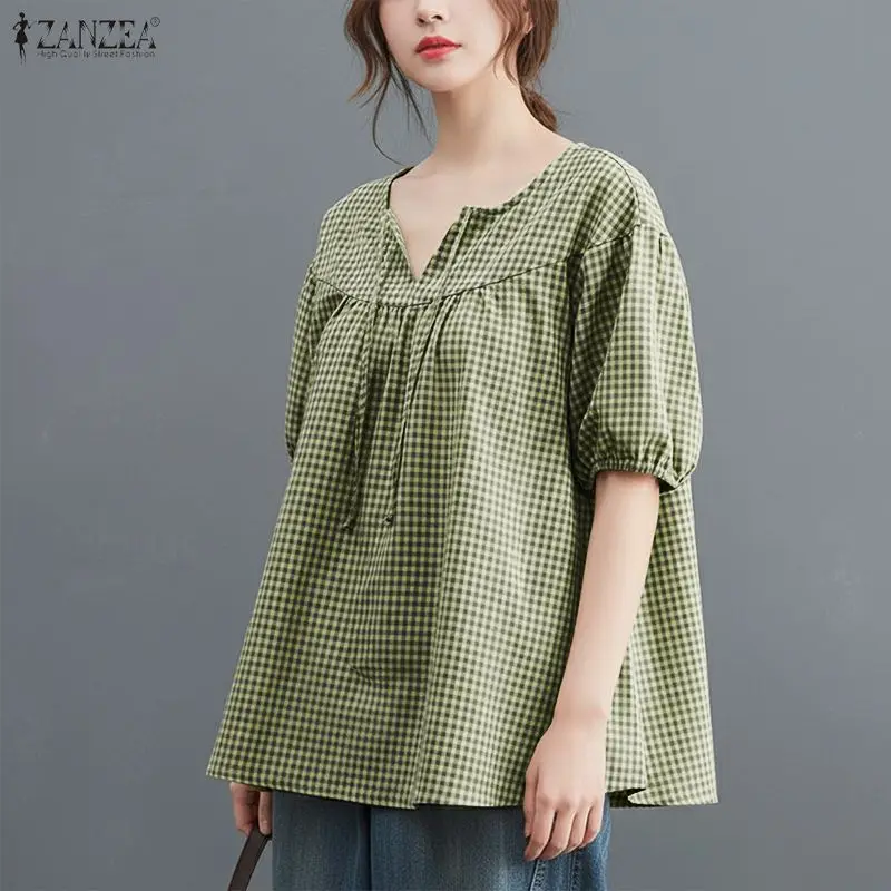 

ZANZEA Casual Loose Gingham Blouses Women's Lace-Up O-Neck Half Lantern Sleeves Checked Babydoll Tops 2026 Summer Woman Clothes