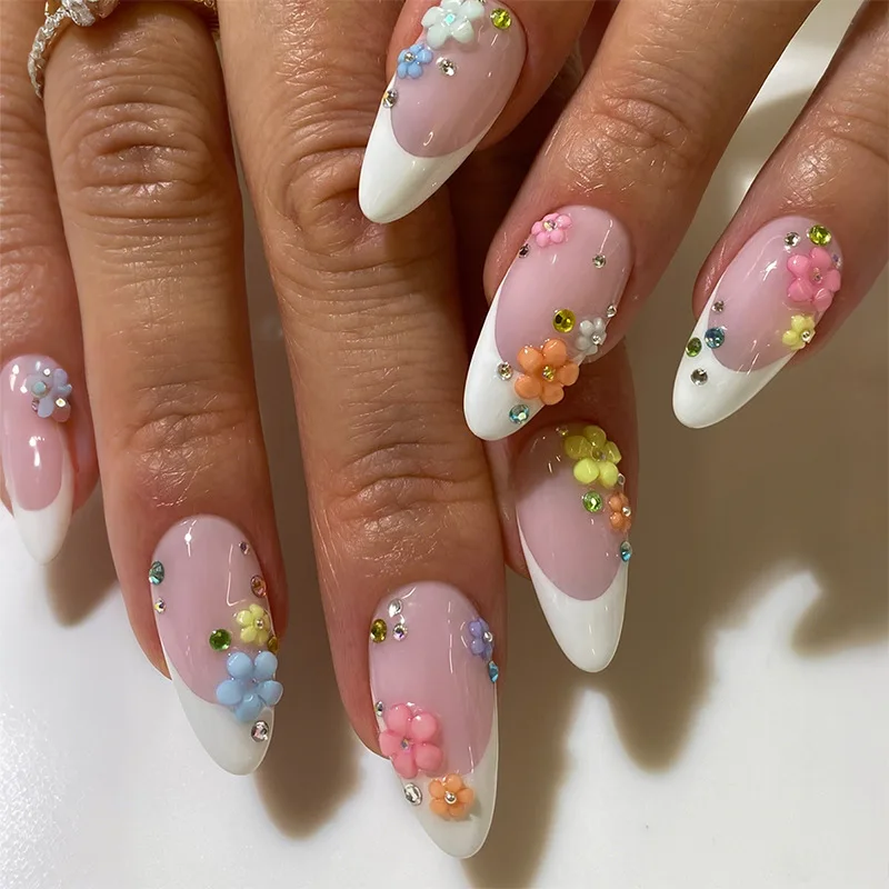 

24Pcs Mid-length Almond French Full Cover Nails Tips 3D Flower Rhinestone with Design Fake Nails Detachable Press on False Nails