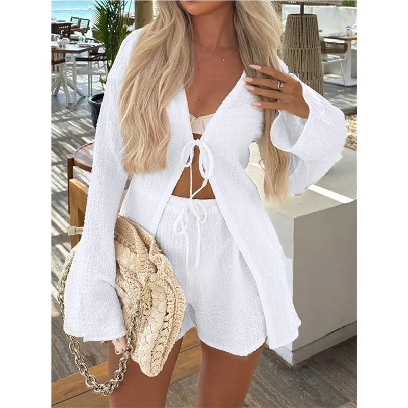 

CGS-женские комплекты из двух предметов, летние топы с длинными рукавами и эластичными шортами с завязками спереди и колокольчиками, комплекты шорт с высокой талией