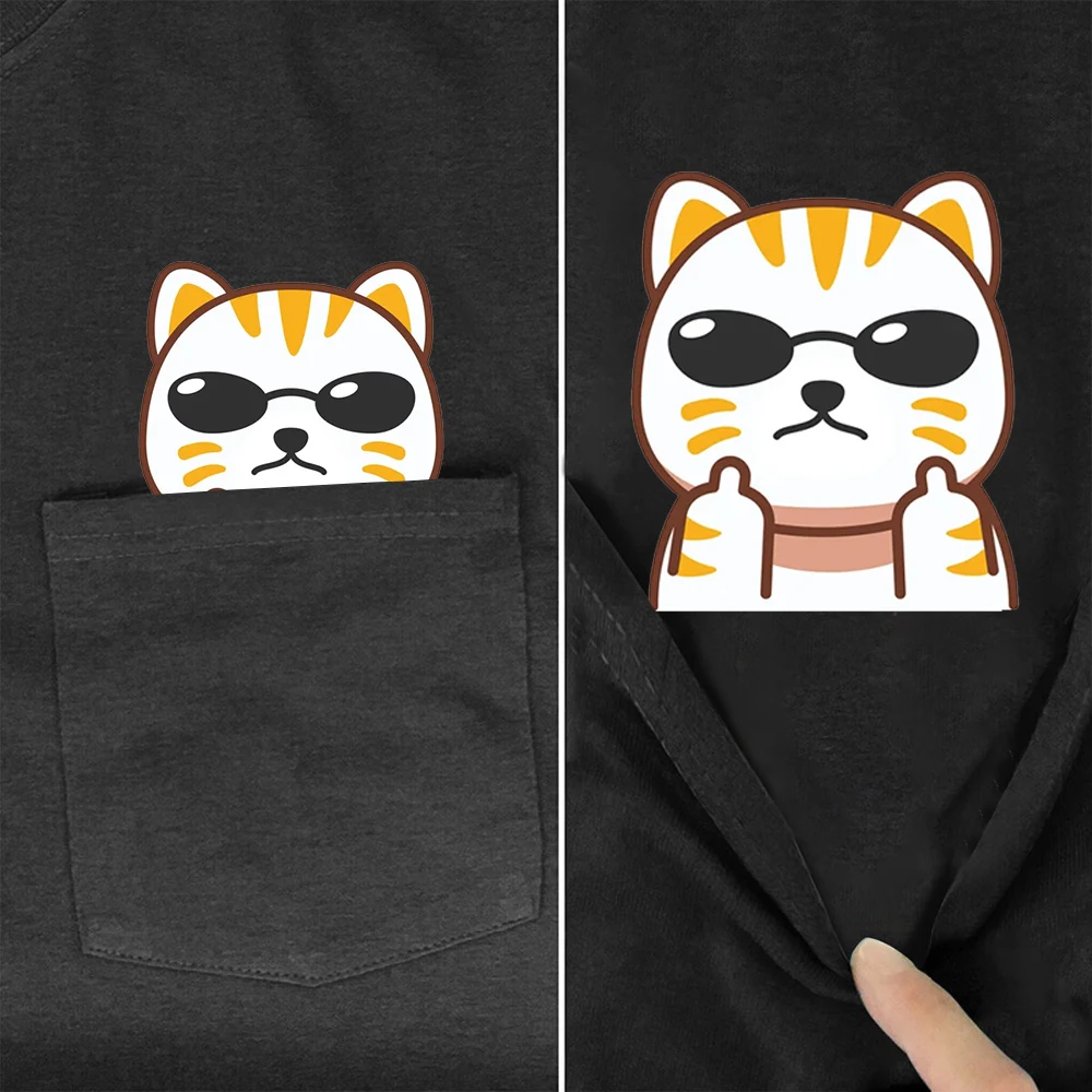 HX Animal T-shirts Cartoon Tabby Cat Middle Finger Pocket T-shirt Sticker Printed Cotton Tees Unisex Short Sleeve Shirts