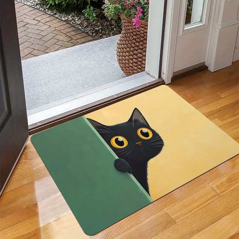 1pc Black cat peeping pattern doormat - made of polyester, suitable for bedroom and living room decoration.