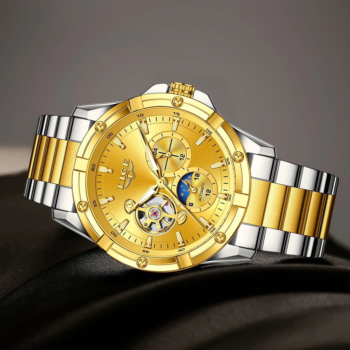 Relojes automáticos LIGE para hombre, reloj de pulsera mecánico con volante de inercia y esqueleto de lujo Original, reloj clásico con calendario para hombre de negocios