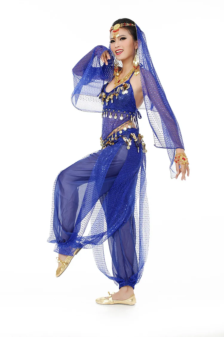 Ubrania do tańca brzucha, biżuteria, welon, top z wycięciem, z łańcuszkiem w talii, 3-częściowy zestaw spodni z wycięciem