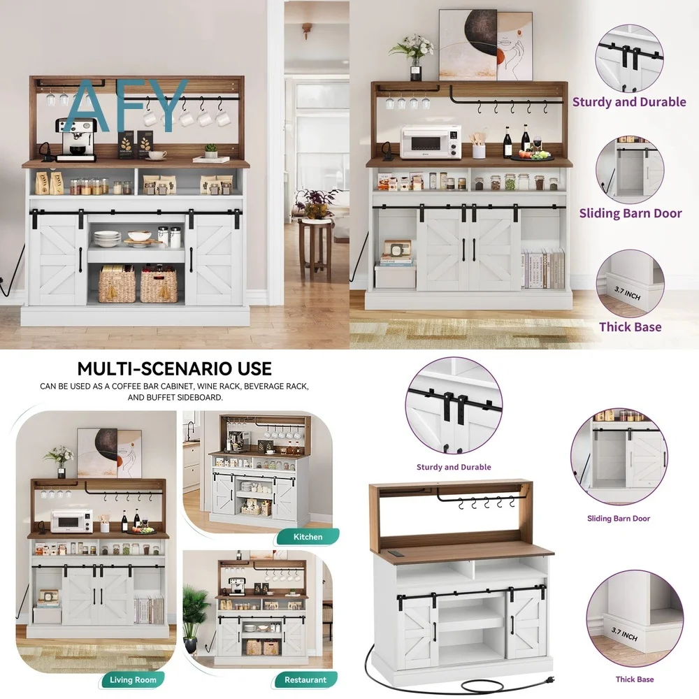 Custom Pastoral Design Barn Sliding Door Bar Cabinet for Extra Large Storage Open Shelf Unit for Home Bar Kitchen Living Room