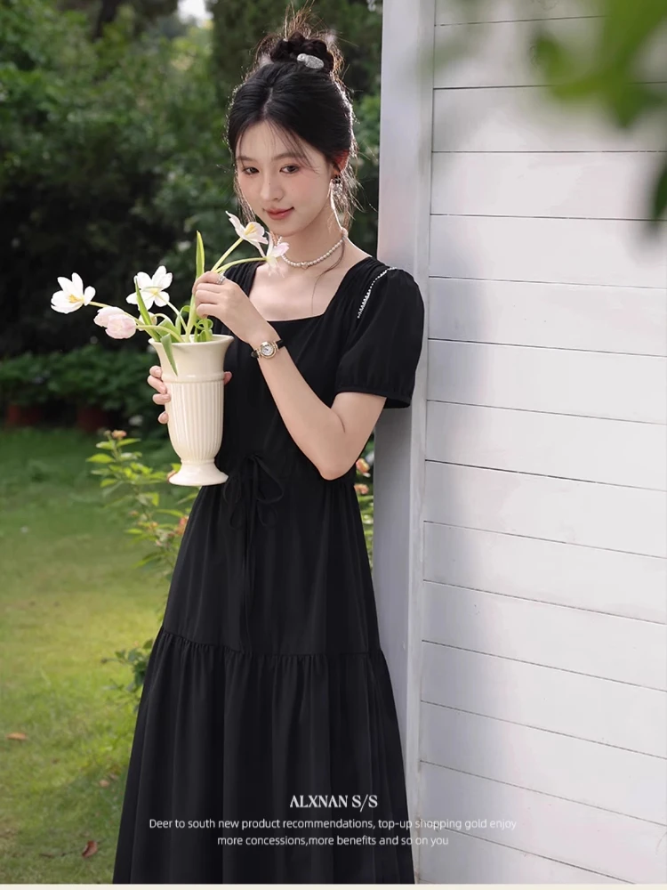 ALXNAN Schwarzes Kleid für Damen, lang, quadratischer Ausschnitt, Puffärmel, Perlen-Design, Kleid, 2025, Sommer, lässig, Party, Kurzarm, Kleidung, L56096