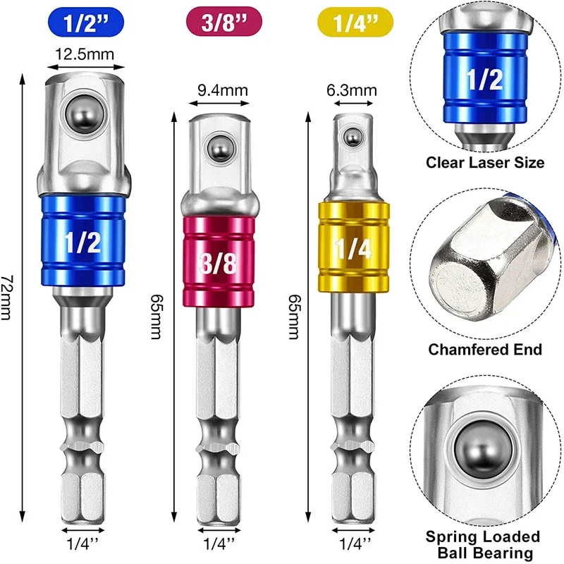 

3 Pcs Adapter 1/4 3/8 1/2 Size Hex Shank Square Head Drill Bit Drill Socket Adapter Impact Drill Extension Bits Bar Socket
