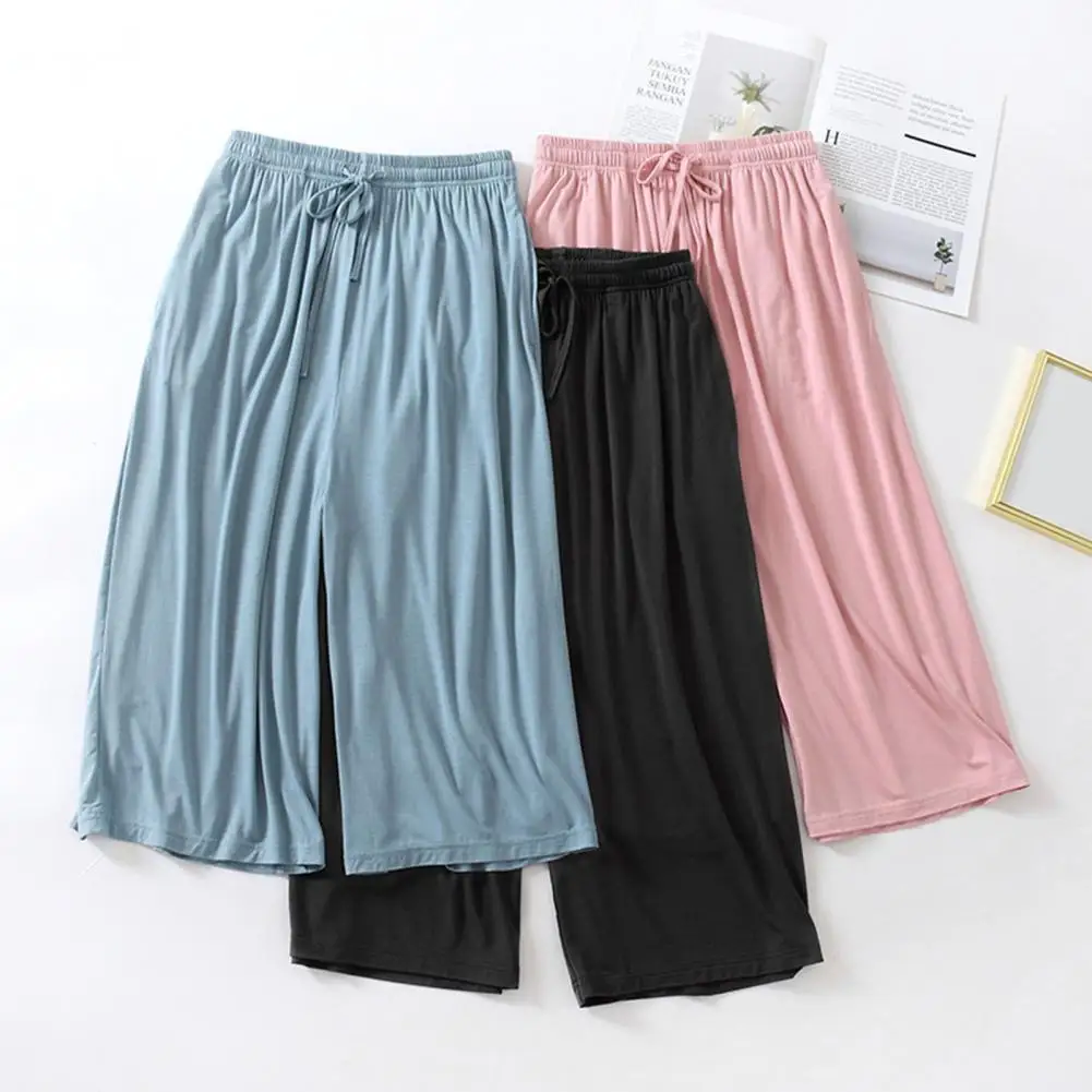 

Cropped Pants Straight Wide Leg Solid Color Mid-rise Drawstring Loungewear Women Summer Casual Mid-calf Pajama Pants Homewear