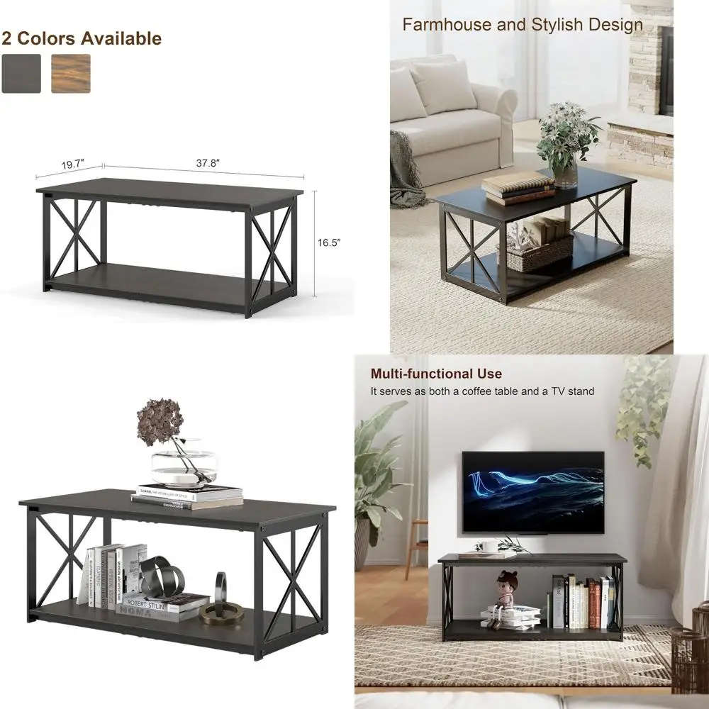 

Rustic Wooden 2-Tier Coffee Table with Metal Frame, Industrial-Style Dark Brown Living Room Centerpiece