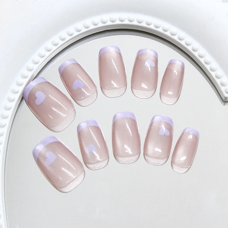 24pcs Nude Pink Cat Eye Press On Nails White French Tip Line Dot Minimalist False Nail Short Square Fake Nail for Women&Girl 4