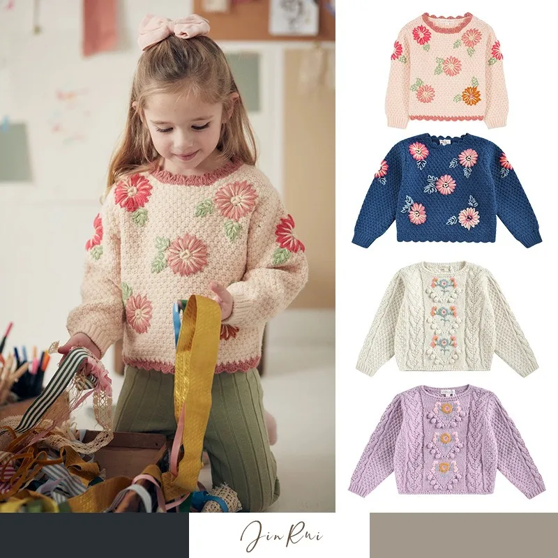 Girls Sweater 2024 Fall New Sweet and Cute Small Children Flowers Embroidery Warm Long-sleeved Round Neck Top Wool Thick Section