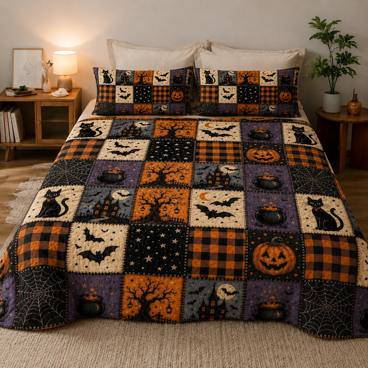Halloween Patchwork Flannel Blanket 3 Piece Set with 2 Pillow Covers, Black Cat Pumpkin Haunted House Bat Plaid Throw Blanket for Bed Sofa Couch Bedroom Home Decor, No Pillow Inserts