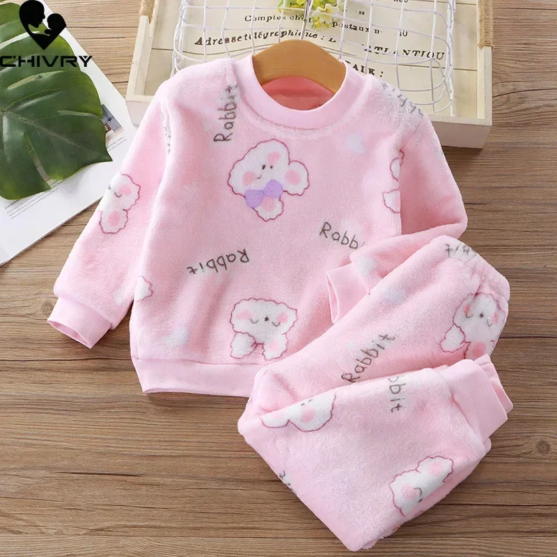 New Autumn Winter Kids Thicken Warm Flannel Pajamas Sets Baby Boys Girls Cartoon Long Sleeve O-neck Sleepwear Clothing Pyjamas