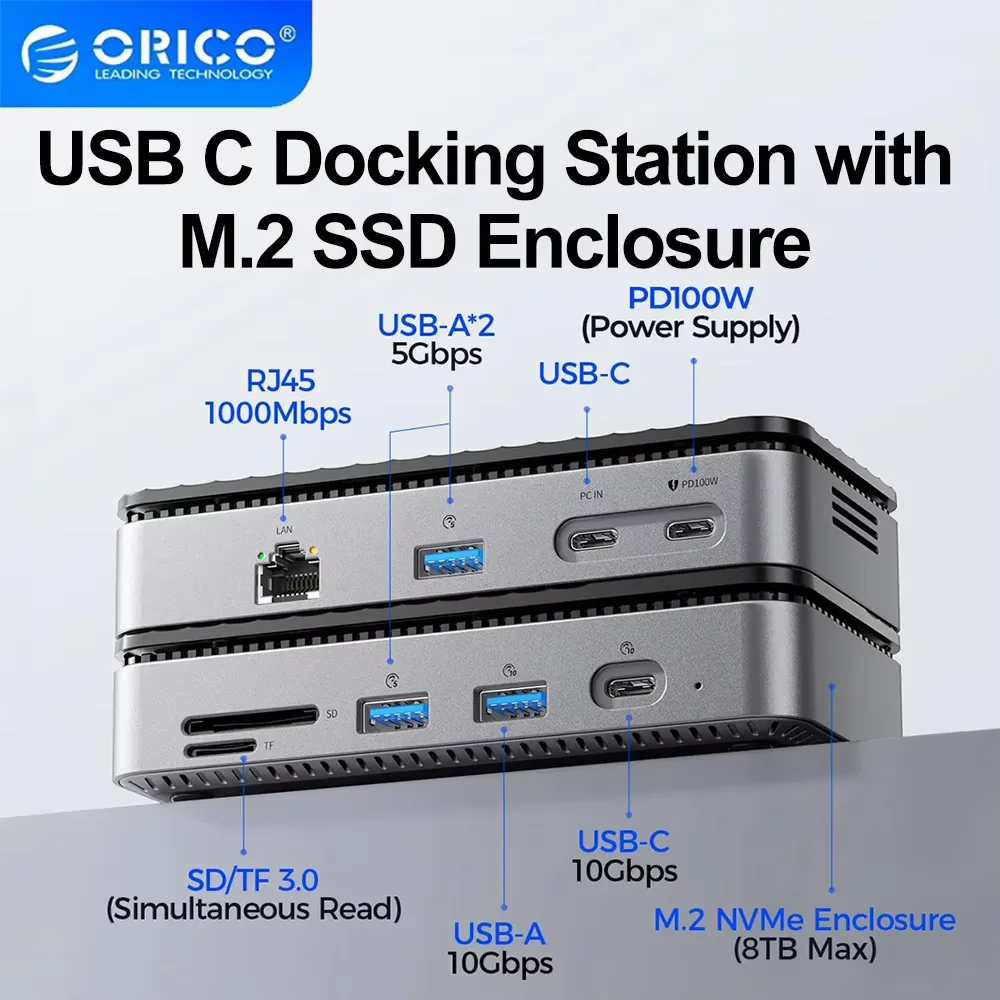 ORICO 10Gbps M.2 NVMe SSD Enclosure 9-in-1 USB C Docking Station with Cooling Fan PD100W RJ45 SDTF Adapter Reader for PC Laptop