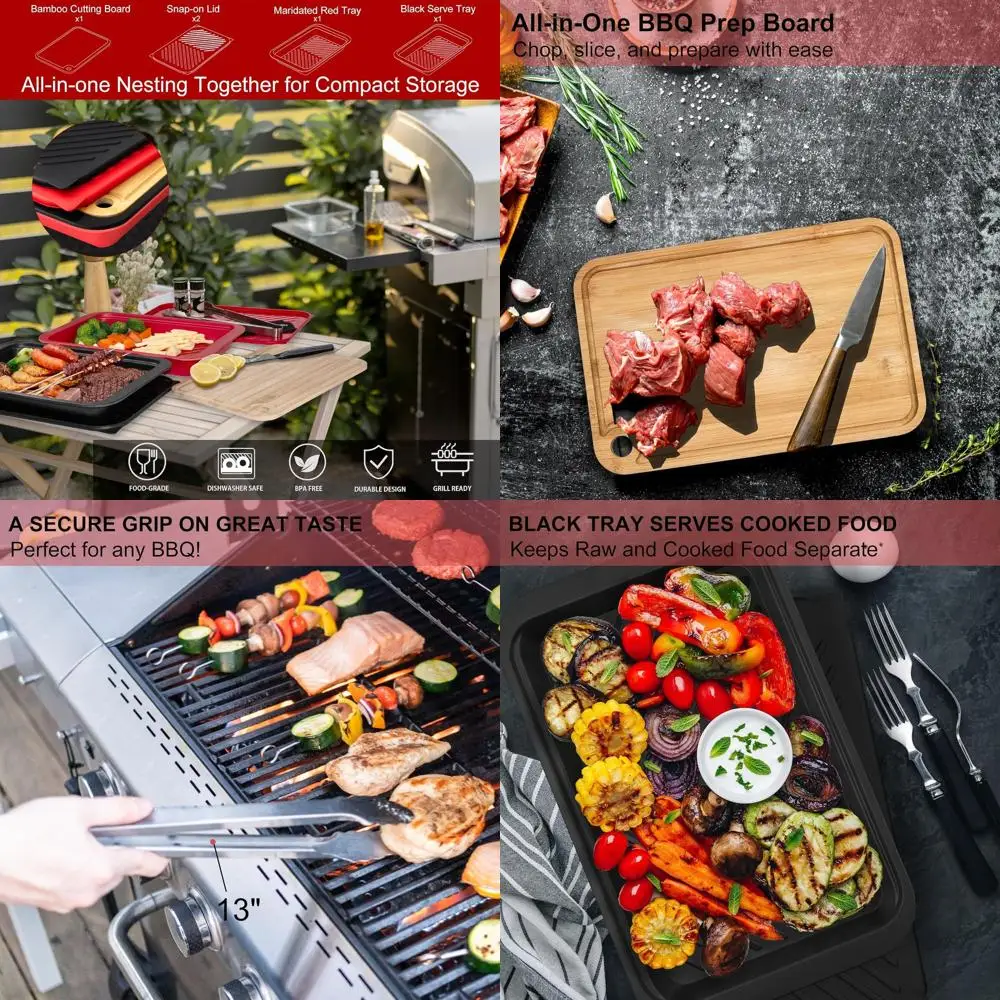 

Портативный лоток для приготовления барбекю и подачи с крышками, разделочной доской, щипцами и подарочной упаковкой, можно мыть в посудомоечной машине, черный с красными акцентами