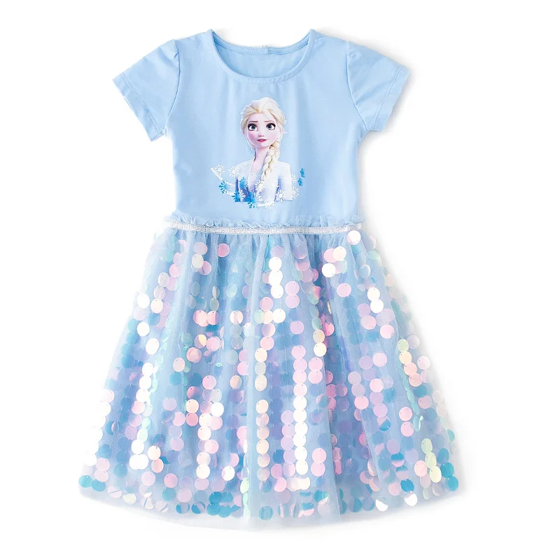 Frozen Elsa Anna Cartoon Clothing for Girls Casual Frock Disneyland Trip Princess Dress Children 6 8 10 Yrs Sequined Summer Gown