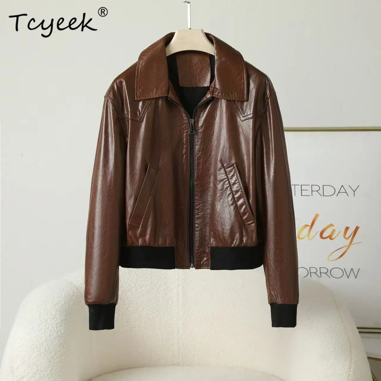 Tcyeek véritable peau De vache printemps automne à la mode revers couleur unie femmes veste en cuir véritable Jaqueta De Couro légitime Feminina