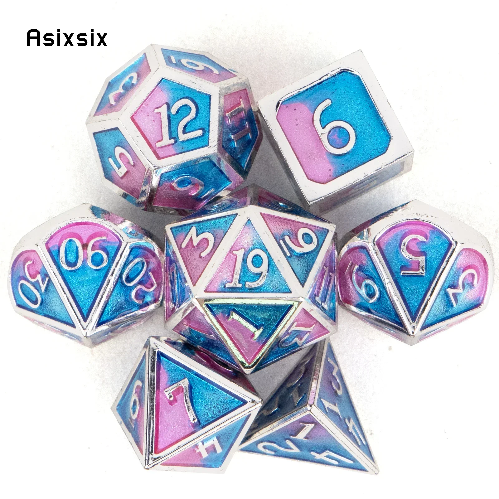 

7 Pcs Blue Pink Standard Metal Dice Perfect For Card Games Board Games For Critical Role, Rpgs, D&D