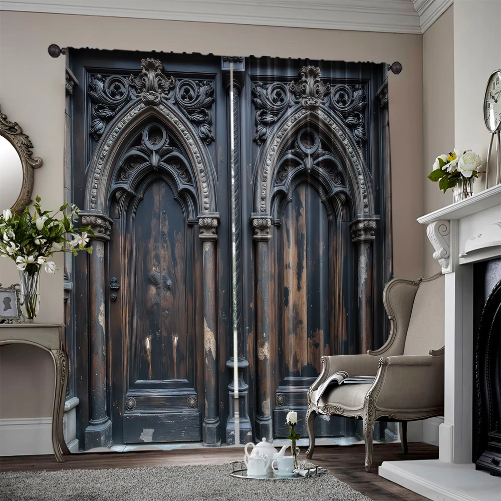 2pcs, 2D flat printing Scene Curtain Ornate Carved Wooden Doors Artwork Versatile Polyester Fabric,Without Electricity Wall