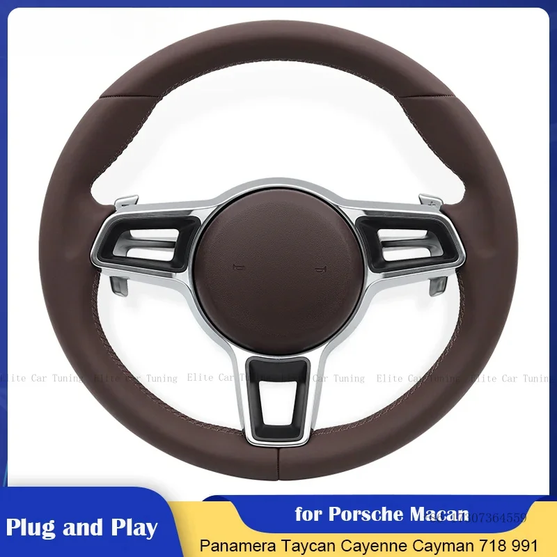

Brown Leather Car Steering Wheel without Button for Porsche Macan Panamera Taycan Boxter Karman Cayenne Cayman 718 991 992 911