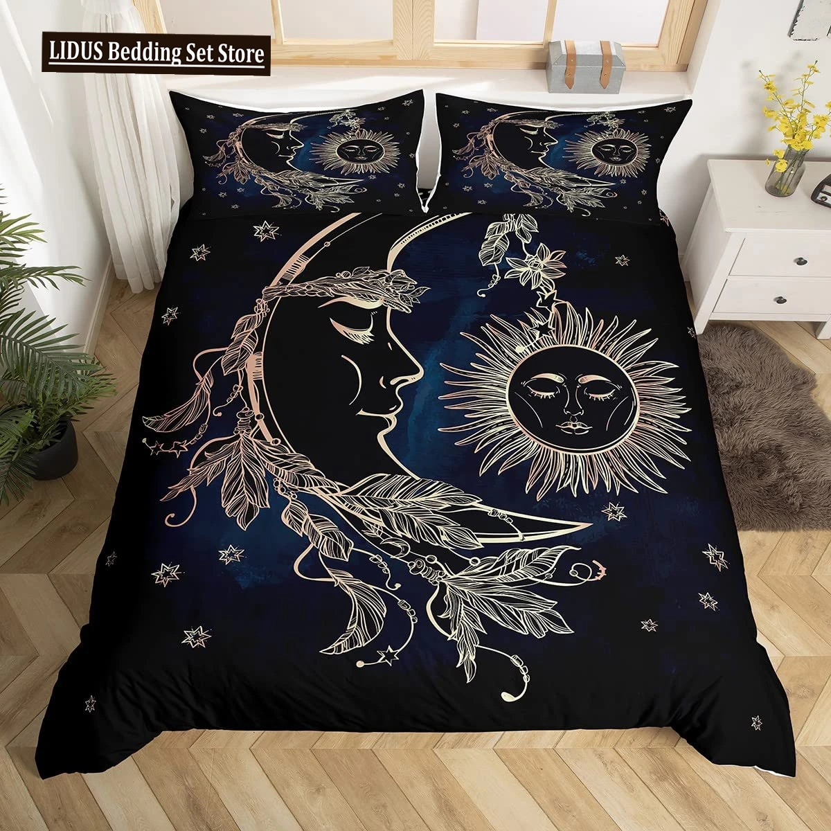 

Duvet Cover Set Golden Sun And Moon Boho Mysterious Color Home Decor Bedding Set Adults Gifts With Zipper Decorative Quilt Cover