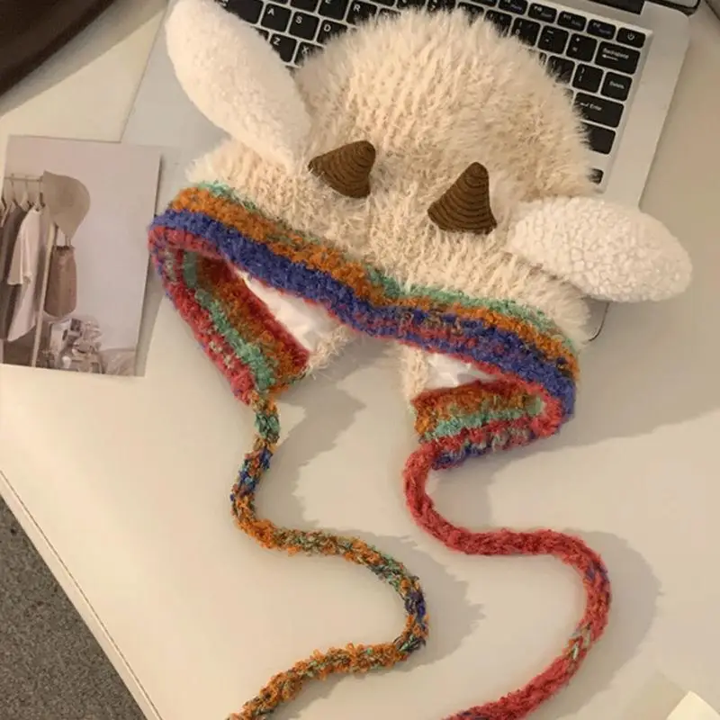 Berretti invernali in peluche Cartoon pecorelle Cappello soffice Caldo berretto lavorato a maglia con lacci Cofani da donna Cappelli pullover antivento stile Y2K